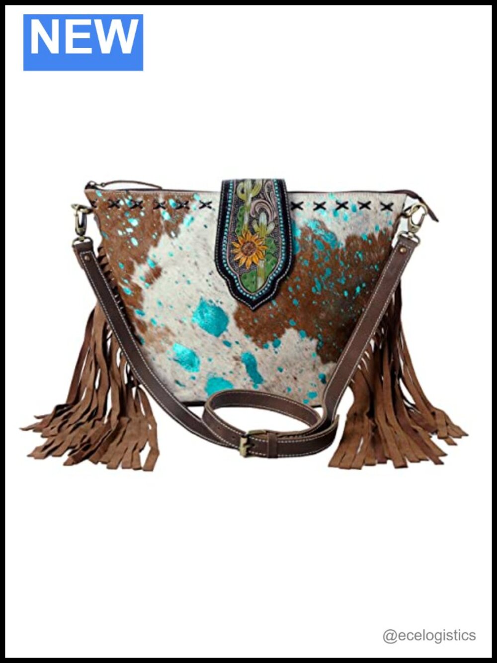Genuine Cowhide Leather Hand Carved Flap Crossbody Bag with Adjustable Strap